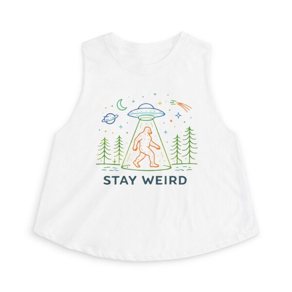 Camiseta corta Stay Weird Alien / Camiseta sin mangas con estampado de OVNI y Bigfoot para mujer