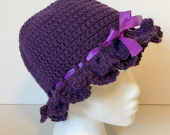 Girls Sun Hat in Dark Purple with a Purple Ribbon