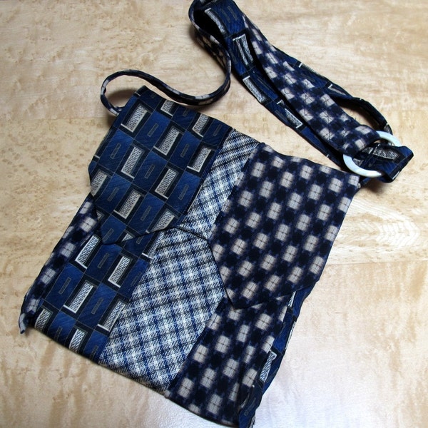 25% Off - Cross Body Bag in Blues & Cream Made From Repurposed Silk Ties