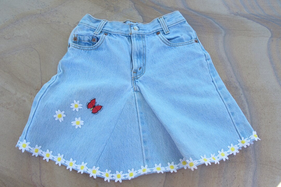 Girls Recycled Denim Skirt With Daisies and a Butterfly - Etsy