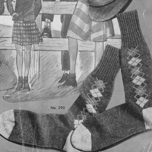 May include: A pair of dark gray argyle socks with white diamond patterns and white heels and toes. The socks are displayed in front of a vintage illustration of people wearing similar socks and skirts. The number "No. 290" is printed below the socks.