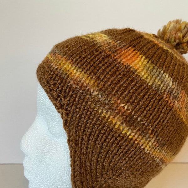 Child's Hat Knit in Shades of Brown and Gold with Ear Flaps