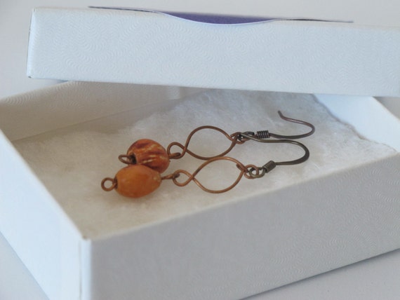 Copper Wire and Orange Seed Bead Dangle Earrings - image 1