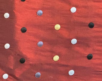 One Yard, Burgundy Satin with Embroidered Multi-Color Dots