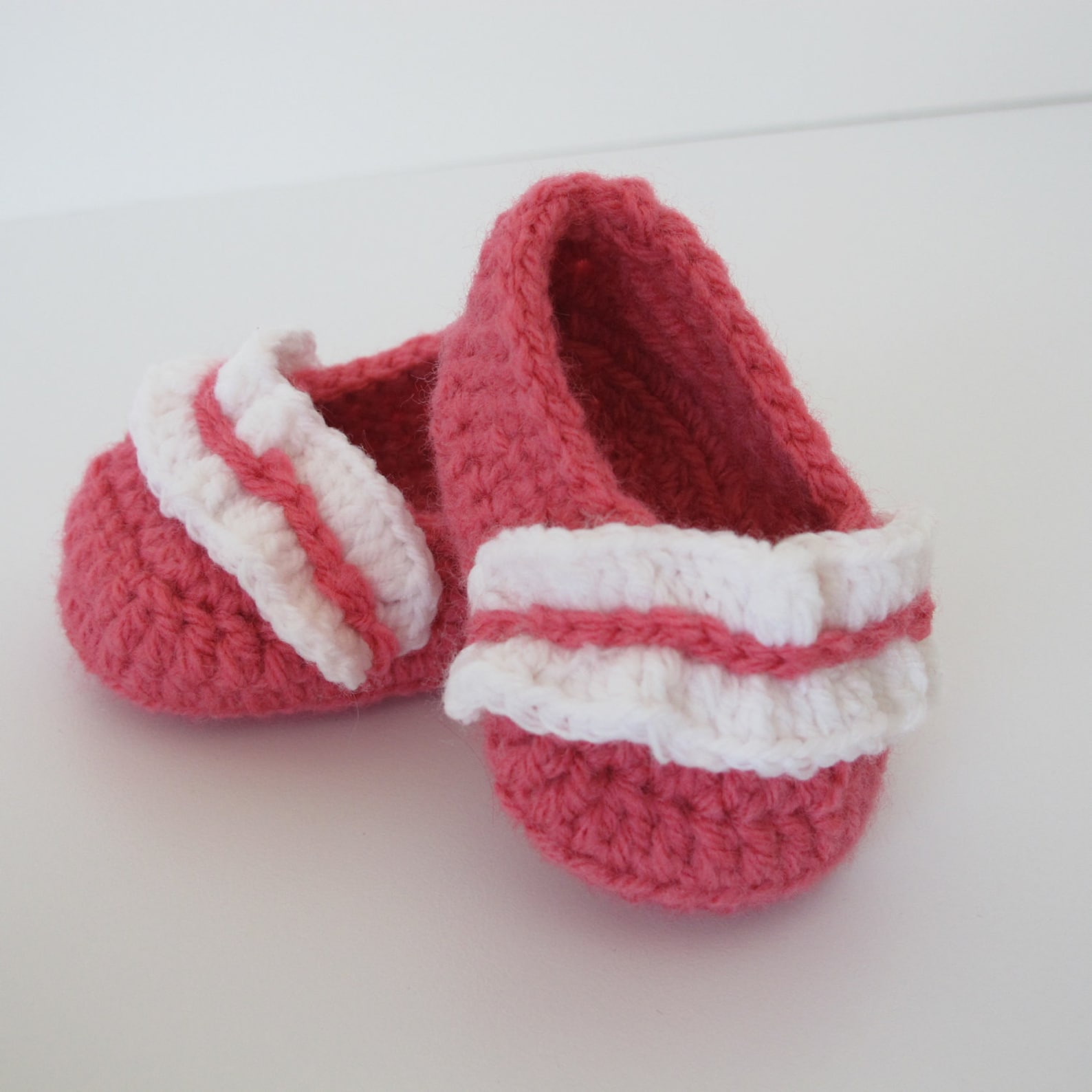 baby's first ballet shoes in bright coral with a white ruffle