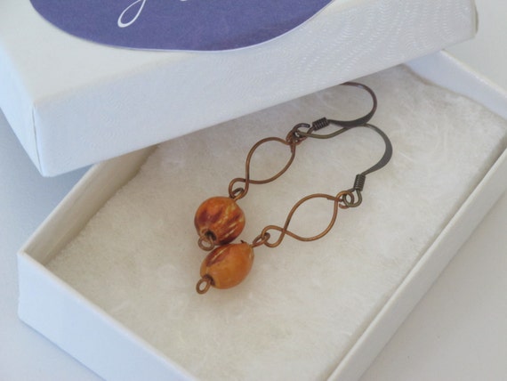 Copper Wire and Orange Seed Bead Dangle Earrings - image 3