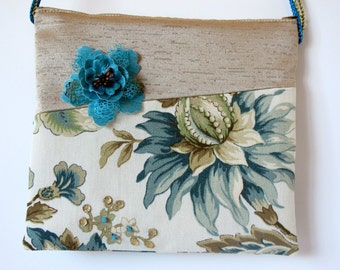 On Sale - Floral Messenger Bag: Turquoise Flower, Beaded Crossbody Bag