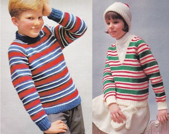 Children's Striped Sweater in V-Neck or Crew Neck, Plus Hat & Mittens, Vintage Brunswick PDF Pattern Circa 1972