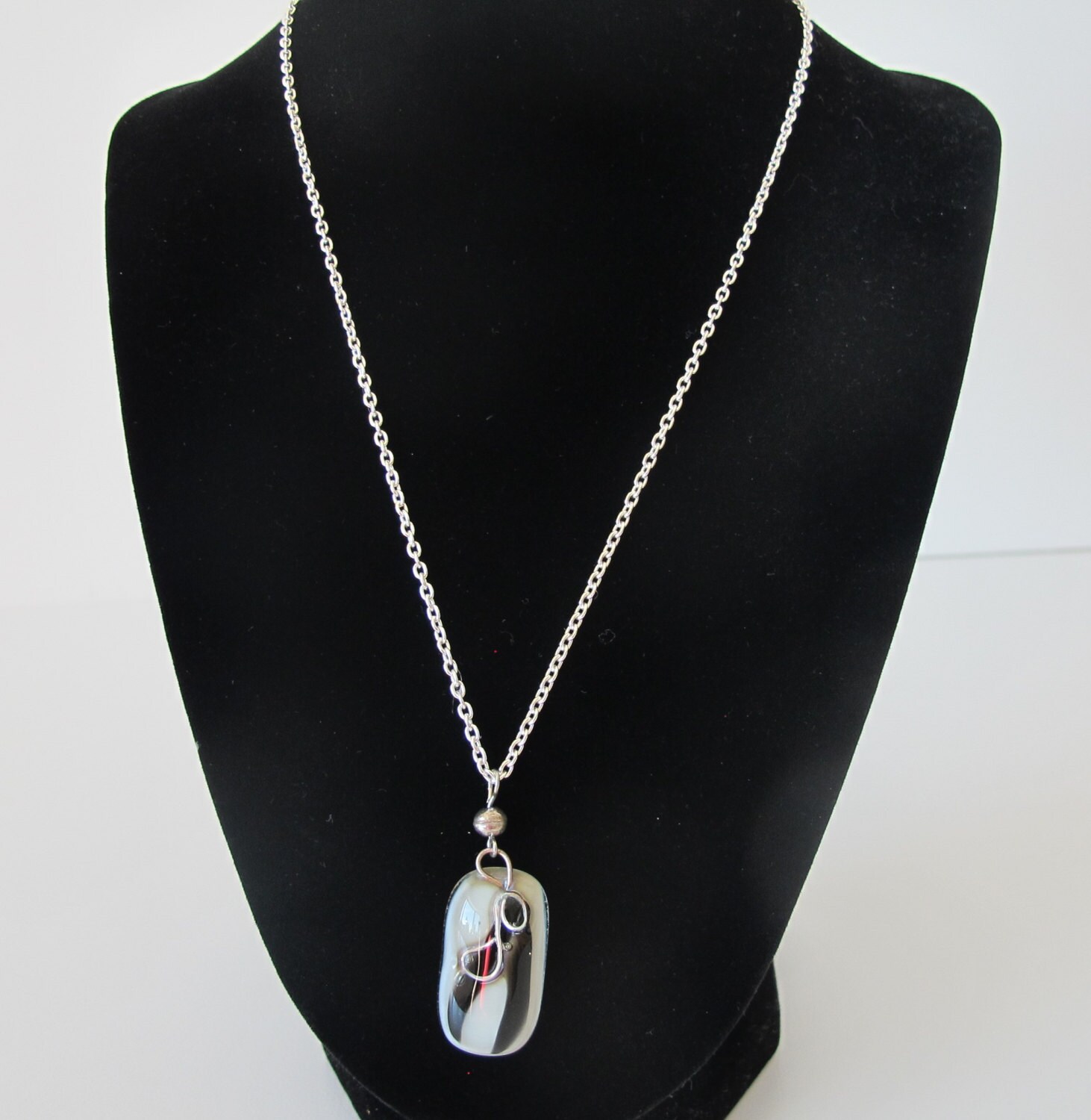 Fused Glass Pendant in Black and White With Sterling Silver - Etsy
