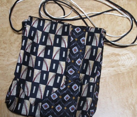 25% Off Sale - Recycled Silk Tie Shoulder Bag: Black & Gold Handmade Purse