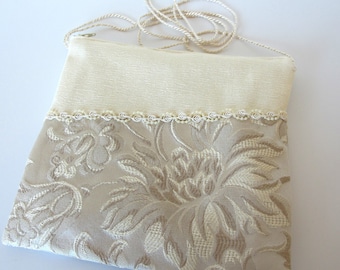 25% Off - Holiday or Wedding Bag in Cream & Pewter Brocade with Pearl Trim, Messenger Bag