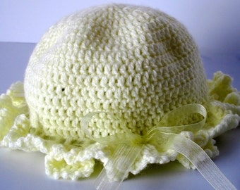On sale - Crocheted Summer Hat: Pale Lemon Ruffled Brim, Yellow Ribbon
