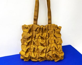 Playful Hexagonal Fabric Manipulation Tote Bag / Mustard & Black