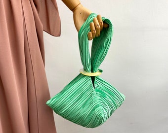 Mint Pleated Origami Wristlet Handbag with Mother of Pearl Shell Buckle