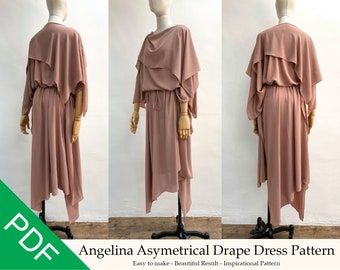 Angelina Asymetrical Drape Dress Pattern/ PDF Printable A4 Letter / Size S M L