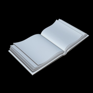 Op de afbeelding: Een open boek met blanco witte pagina's, tegen een zwarte achtergrond. Het boek is lichtjes gekanteld, waardoor de gelaagde pagina's en de rug te zien zijn. De pagina's zijn schoon en klaar om te beschrijven of te tekenen.