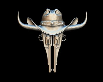Salvaje Oeste: sombrero de vaquero y revólveres, modelo STL 3D para CNC