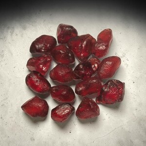 Puede incluir: Un conjunto de piedras preciosas de granate rojo oscuro, en bruto y sin cortar. Las piedras varían en tamaño y forma, con un aspecto translúcido y vítreo. Las piedras están dispersas sobre una superficie gris claro.