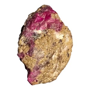 May include: A raw, unpolished mineral specimen featuring a vibrant magenta-colored crystal embedded within a rough, textured, tan and beige-colored rock matrix. The stone has an irregular, organic shape with visible crystalline facets and inclusions.