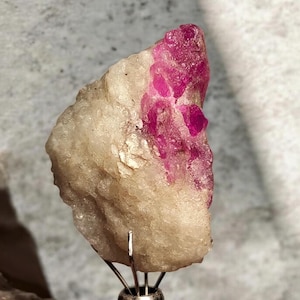 Op de afbeelding: Een ruw mineraal exemplaar met een grote, doorschijnende gebroken witte kristallijne basis met een prominente, levendige magenta-roze kristalformatie ingebed langs de rechterbovenrand, vastgehouden door een metalen standaard.