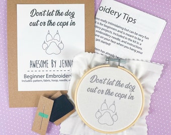 DIY Hand Embroidery Kit Dog In Cops Out Funny Embroidery Kit for Beginners Embroidery Designs