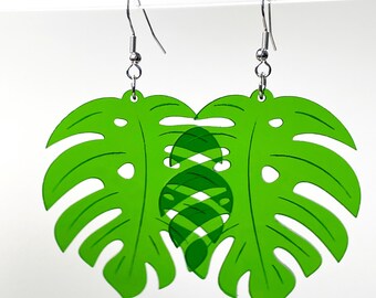 Translucent Green Acrylic Monstera Earrings, Monstera Earrings, Monstera Accessories, Acrylic Earrings, Large Earrings, Plants Accessories