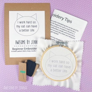 DIY Hand Embroidery Kit I Work Hard Cat Embroidery Kits for Beginners Funny Embroidery Kits Embroidery Designs
