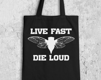 Handmade Reusable Black Canvas Tote Bag Cicadas