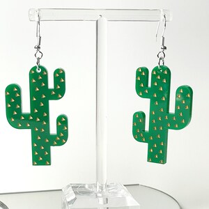 Green Acrylic Cactus with Gold Accent Earrings, Cactus Earrings, Succulent Accessories, Acrylic Earrings, Large Earrings, Plants Accessories