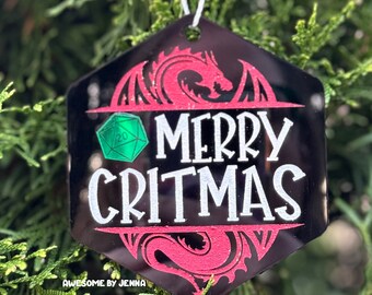 Handmade Acrylic Snarky Ornament Merry Critmas Dragon D20 TTRPG