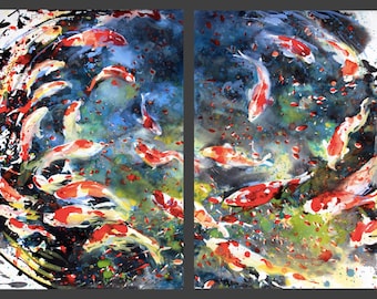 Diptych No.19 koi fish, limited edition of 50 fine art giclee prints from my original watercolor