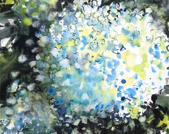 May include: Abstract watercolor painting with a blue, green, and yellow color scheme. The painting features a cluster of flowers with a dark background.