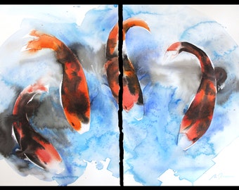 22x30 Koi diptych June 2016, original watercolor