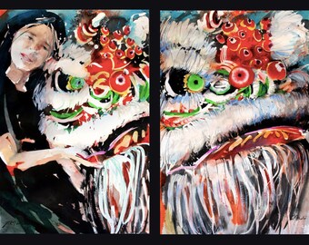 22x30 Diptych No.24, Lion Tamer, original Japanese watercolor and sumi-ink