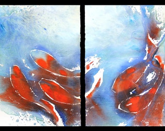 22x30 Koi fish cheese cloth diptych, original watercolor