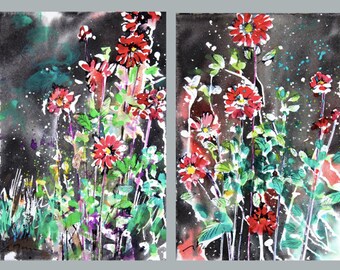 11x15 Diptych No.28, mini flower, original Japanese watercolor and sumi-ink