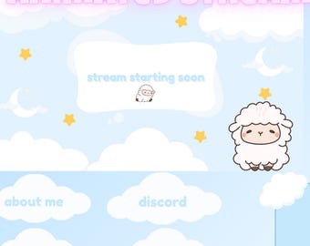 Kawaii geanimeerd Twitch-overlaypakket: pastelkleurige schapenstroomafbeeldingen