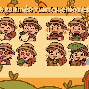 May include: A collection of 18 farmer-themed Twitch emotes. The emotes feature a cartoon farmer with various expressions, holding vegetables and wearing a straw hat. The background is orange with carrots and a barn.