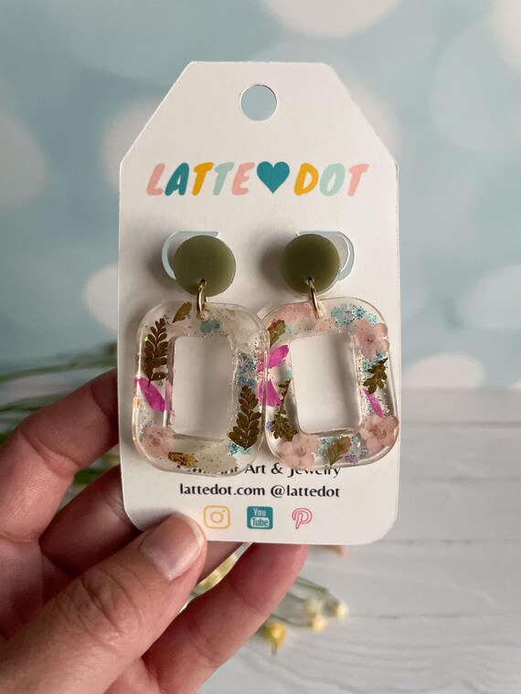 Handmade Resin Earrings: Real Pressed Flowers, Glitter, Stainless Steel