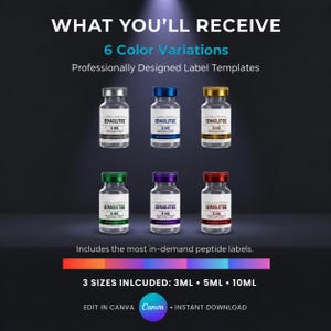 May include: Six glass vials with colored caps in silver, blue, gold, green, purple, and red. Each vial features a white label with the text SEMAGLUTIDE 5 MG. The image includes the text WHAT YOU'LL RECEIVE, 6 Color Variations, and 3 SIZES INCLUDED: 3ML, 5ML, 10ML.