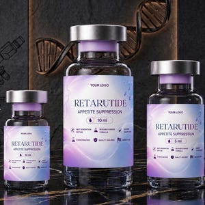 May include: Three clear glass vials with silver caps and purple-toned labels. The labels feature the text RETARUTIDE APPETITE SUPPRESSION, with volume markings of 10 ml and 5 ml. The design includes icons for peptide, research grade, and quality assurance.