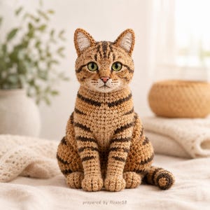 Può includere: Figurina di gatto all'uncinetto nei toni del marrone e beige, con strisce marrone scuro. Il gatto ha gli occhi verdi ed è seduto in posizione eretta. La figurina è fatta a mano e sembra essere un oggetto decorativo.