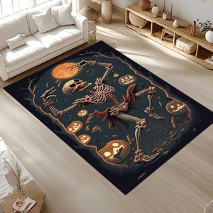 May include: A rectangular Halloween-themed rug featuring a skeleton dancing in front of a full moon. The rug has a dark blue background with orange jack-o'-lanterns and bare tree branches. The skeleton is brown and the moon is orange.