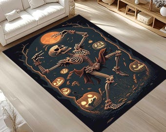 Halloween Rug: Starry Night Pumpkin, Skeleton - Non-Slip Machine Washable