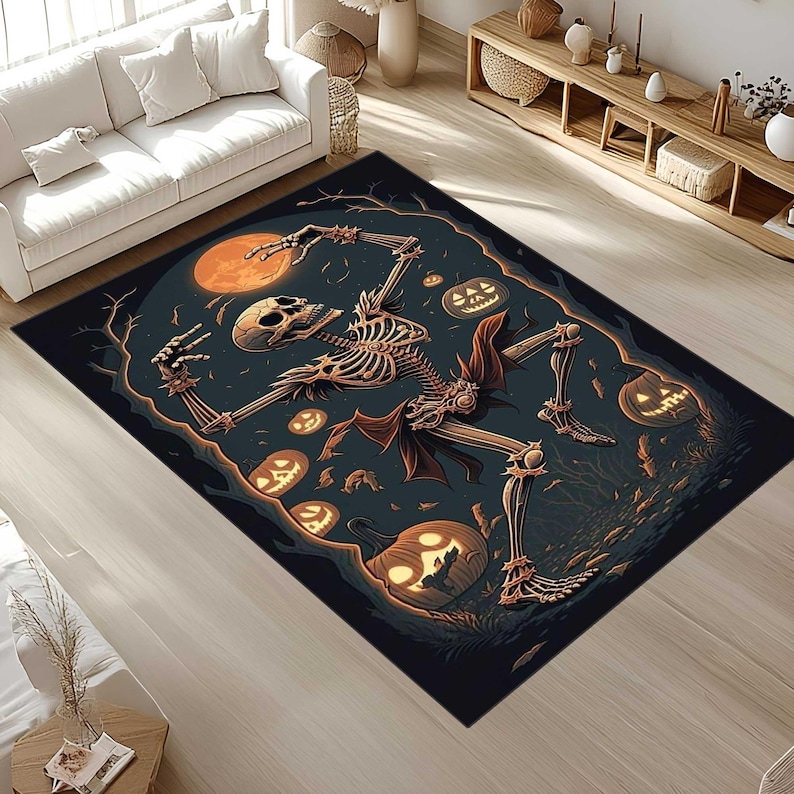 May include: A rectangular Halloween-themed rug featuring a skeleton dancing in front of a full moon. The rug has a dark blue background with orange jack-o'-lanterns and bare tree branches. The skeleton is brown and the moon is orange.