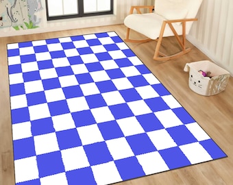 Checkered Rug, Checkerboard rug, Blue and White rug,  Retro Checkerboard Rug, Printed rug, Machine Washable Rug, Soft rug, Area rug
