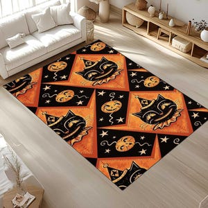 May include: A rectangular Halloween-themed rug featuring a repeating pattern of smiling black cats wearing witch hats and jack-o'-lanterns on an orange and black background. White stars and swirls complete the design.