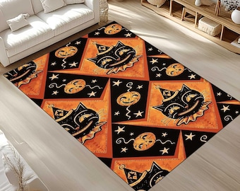 Halloween Pumpkin & Black Cat Rug: Non-Slip, Machine Washable