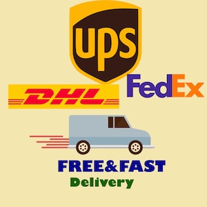 May include: Illustration featuring the logos of UPS, DHL, and FedEx, with a light blue delivery van. The text "FREE & FAST Delivery" is displayed below the van in blue and green.