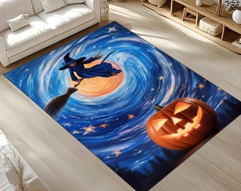 Halloween Witch Rug: Starry Night Pumpkin Decor, Non-Slip